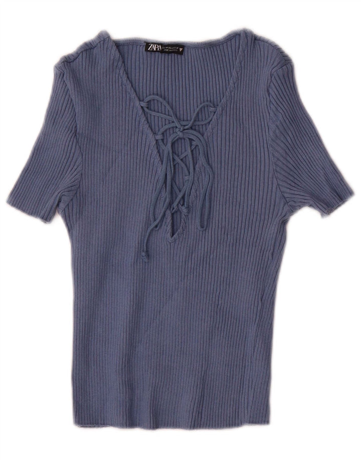 Zara Womens Crop Blouse Top UK 12 Medium Navy Blue Cotton