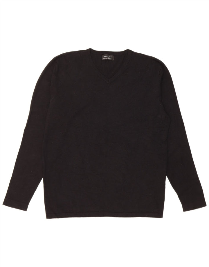 Zara Mens V-Neck Jumper Sweater Large Black Viscose