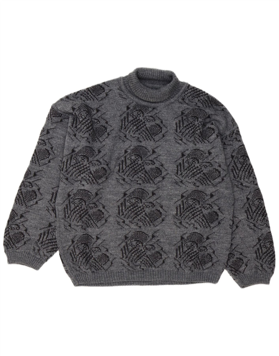 Vintage Mens Abstract Pattern Roll Neck Jumper Sweater Large Grey