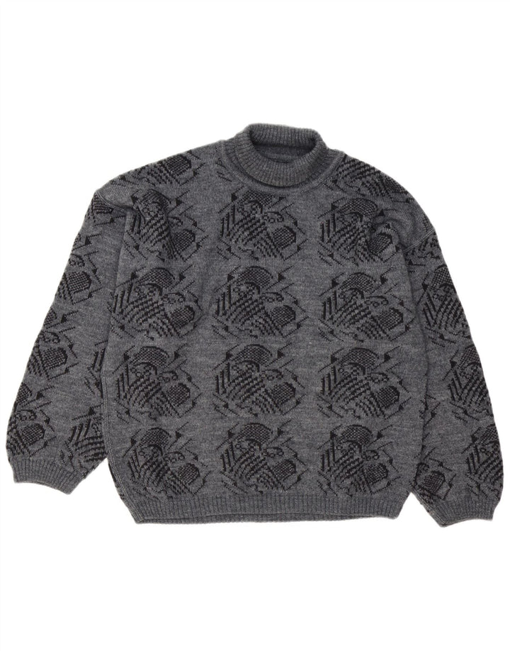 Vintage Mens Abstract Pattern Roll Neck Jumper Sweater Large Grey