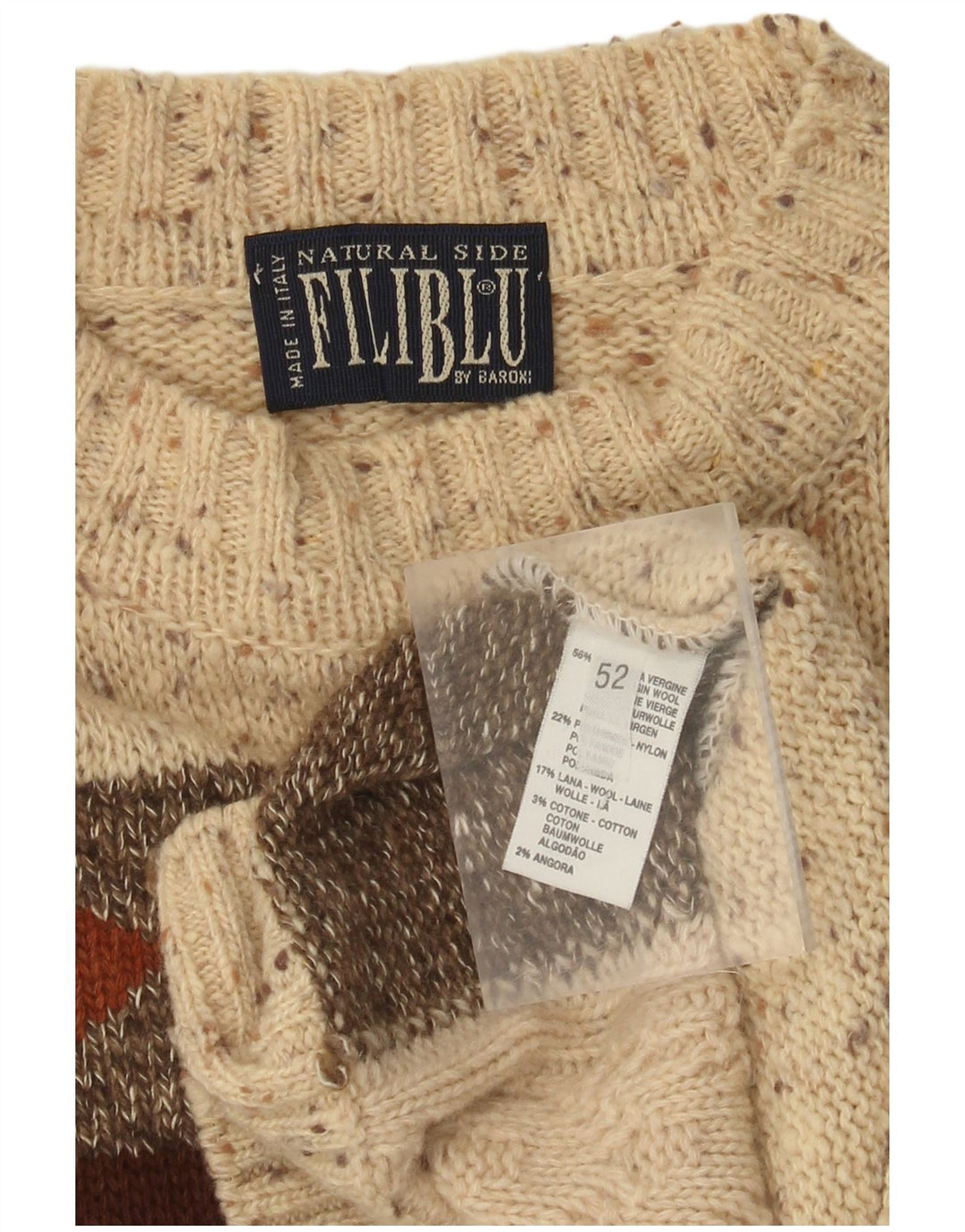 Baroni Mens Crew Neck Jumper Sweater IT 52 Large Beige Fair Isle Wool