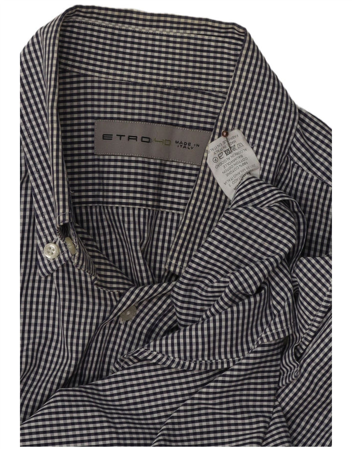 ETRO Mens Shirt Medium Navy Blue Gingham Cotton