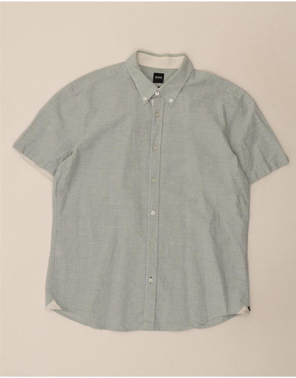 Hugo Boss Mens Short Sleeve Slim Fit Shirt XL Blue Geometric Cotton