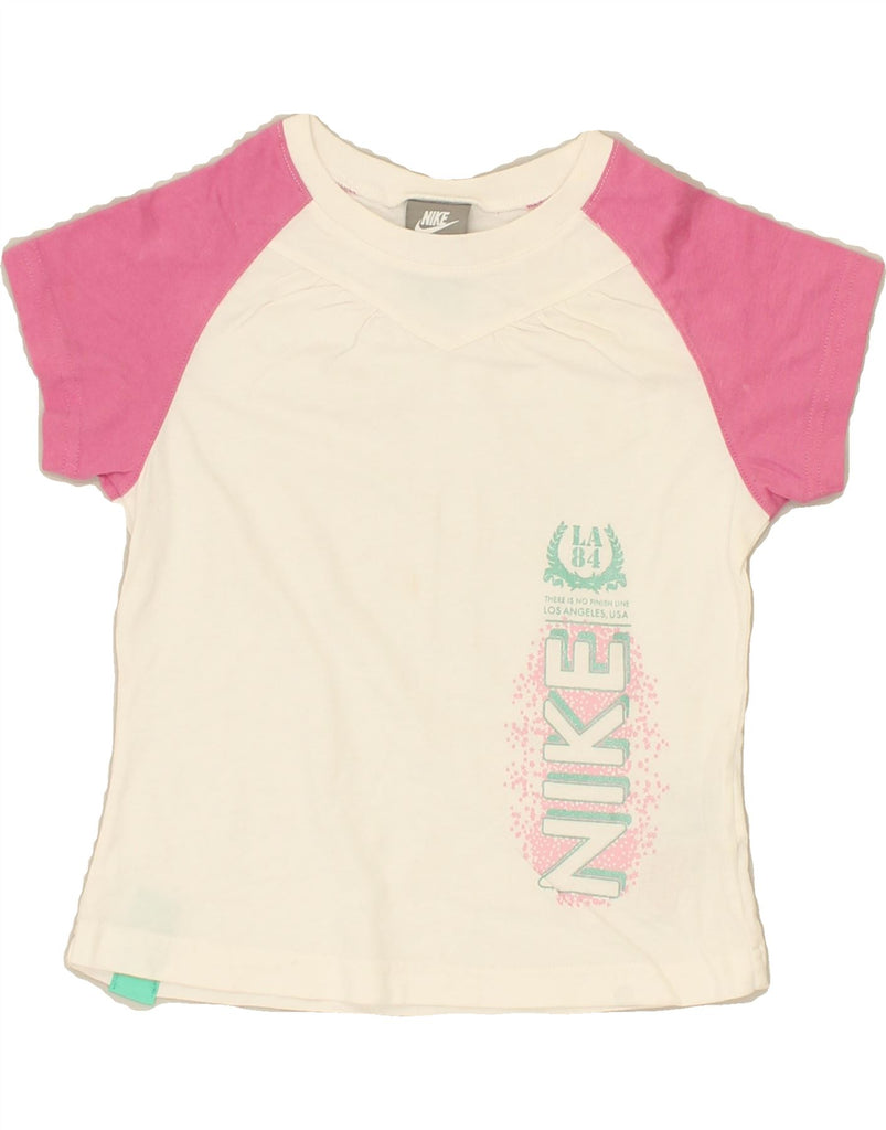 NIKE Girls Graphic T-Shirt Top 6-7 Years Large  White Colourblock Cotton | Vintage Nike | Thrift | Second-Hand Nike | Used Clothing | Messina Hembry 