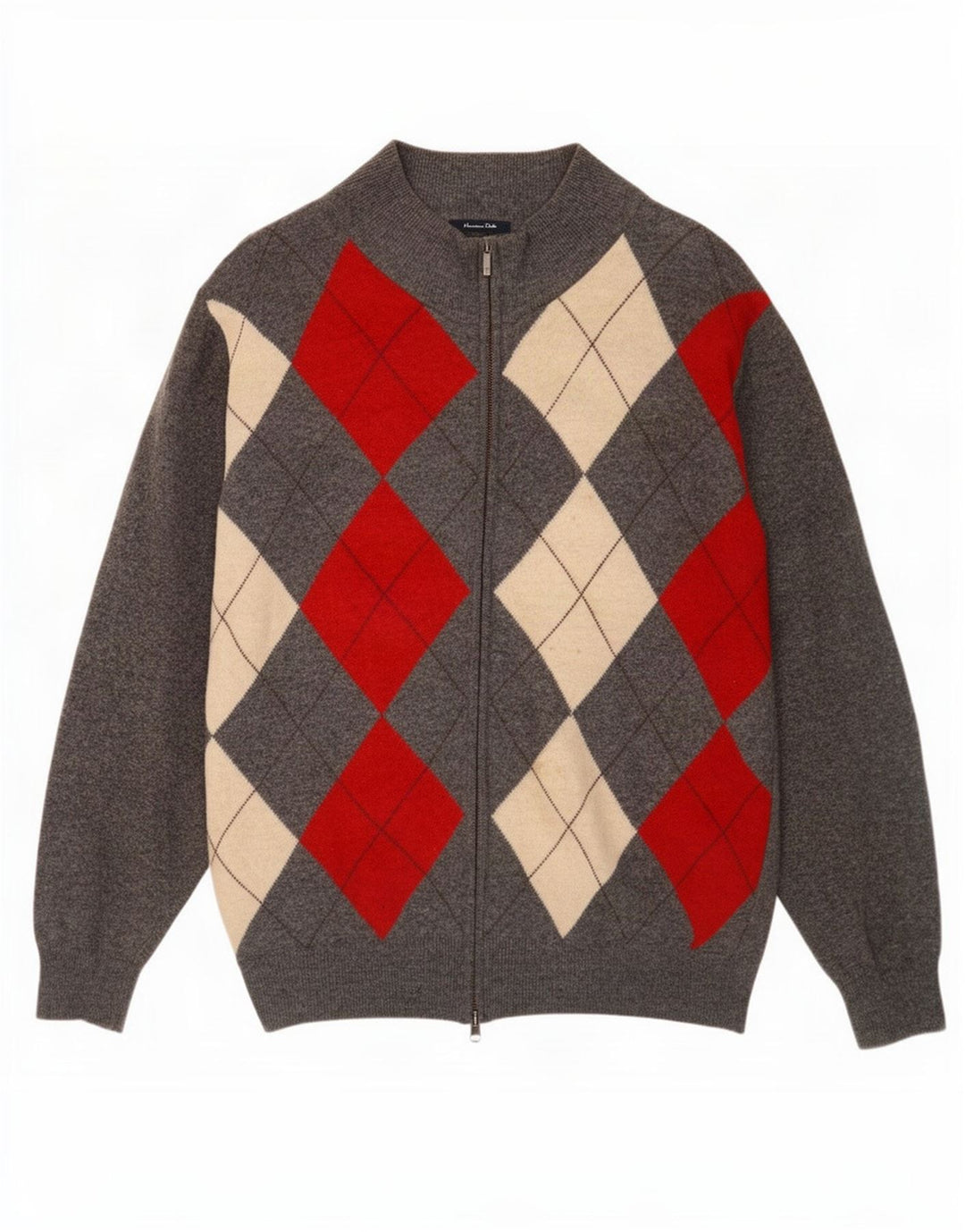 Massimo Dutti Mens Zip Neck Jumper Sweater 2XL Grey Argyle/Diamond Wool
