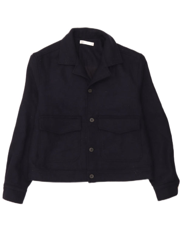 Zara Mens Bomber Jacket UK 38 Medium Navy Blue Wool
