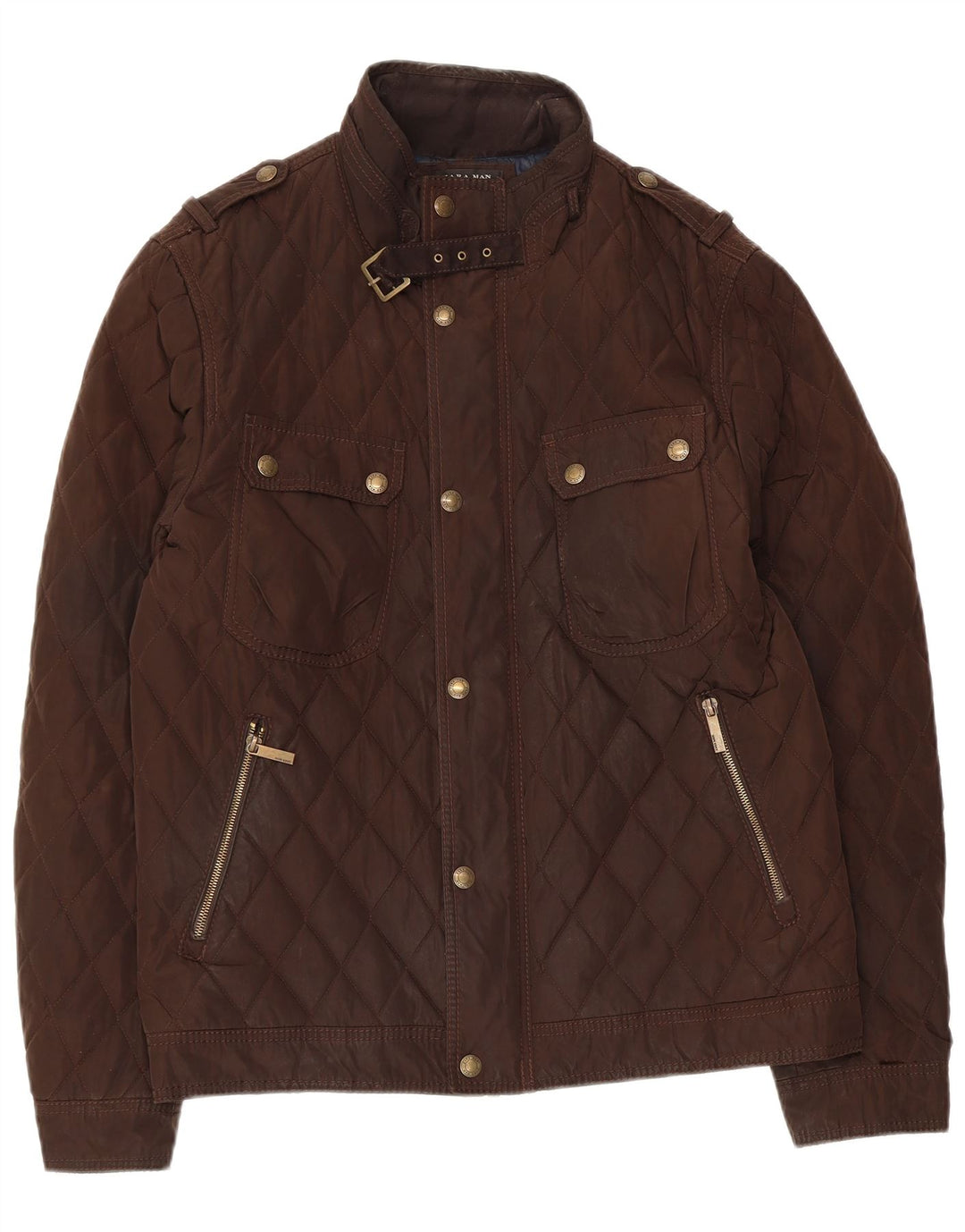 Zara Mens Military Quilted Jacket UK 42 XL Brown