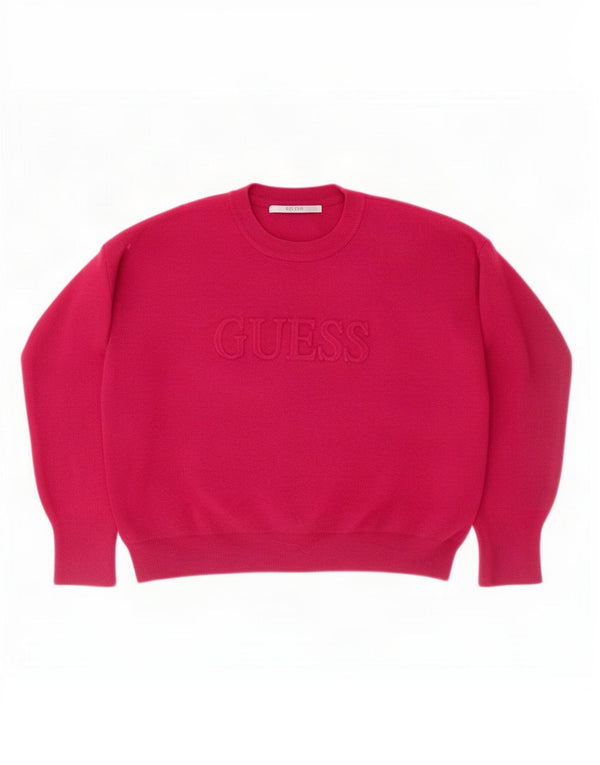 Guess Womens Crop Graphic Oversized Crew Neck Jumper Sweater UK 6 XS Pink