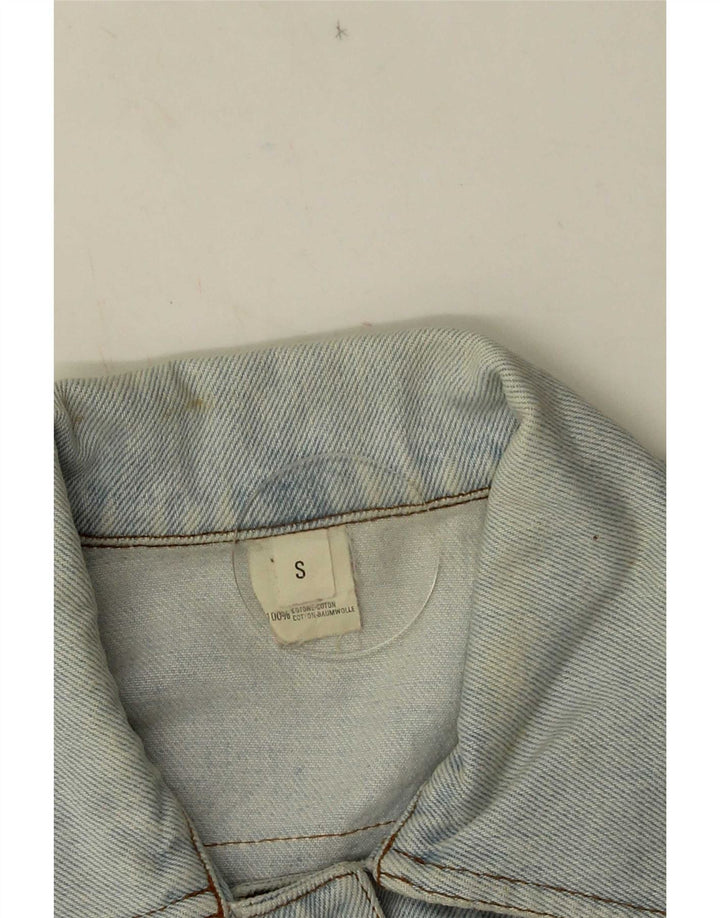 Vintage Womens Crop Graphic Denim Jacket UK 10 Small Blue Cotton