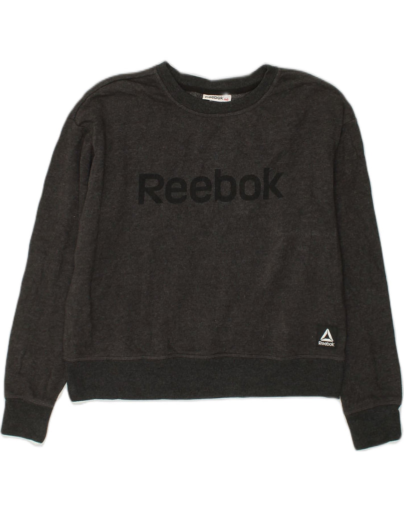 REEBOK Womens Graphic Sweatshirt Jumper UK 10 Small Grey Cotton | Vintage Reebok | Thrift | Second-Hand Reebok | Used Clothing | Messina Hembry 