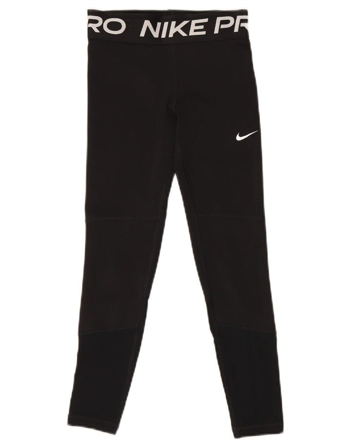 Nike Girls Dri Fit Graphic Leggings 9-10 Years Small Black Polyester