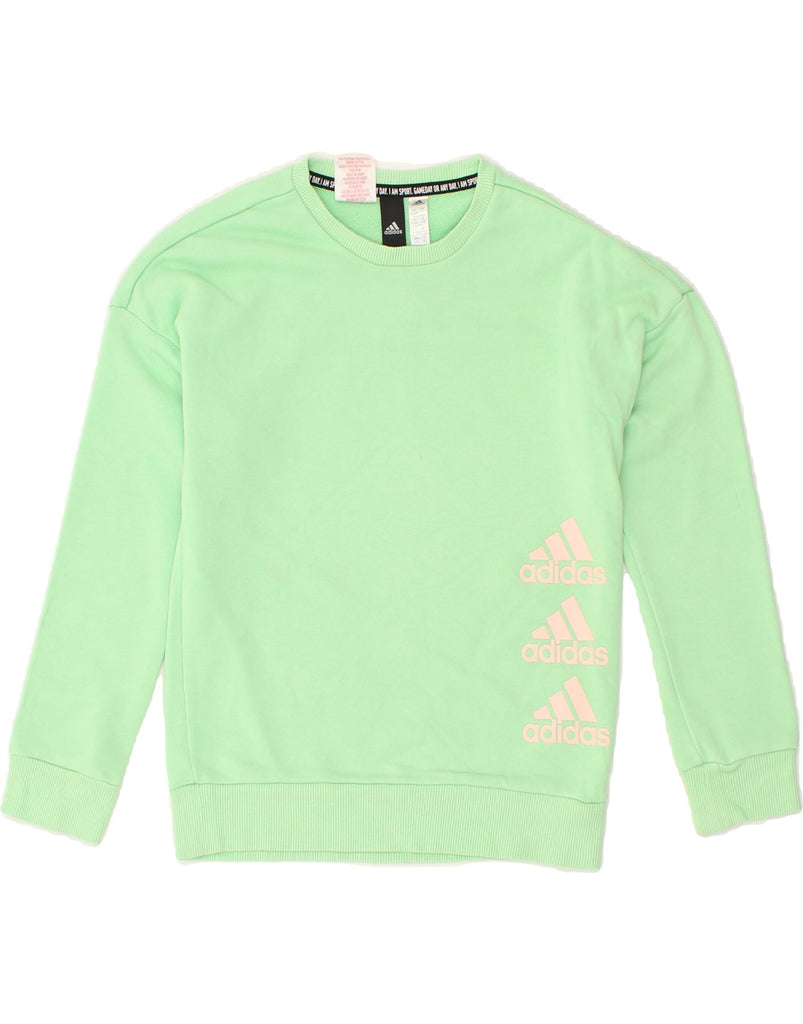 ADIDAS Girls Graphic Sweatshirt Jumper 9-10 Years Green Cotton | Vintage Adidas | Thrift | Second-Hand Adidas | Used Clothing | Messina Hembry 