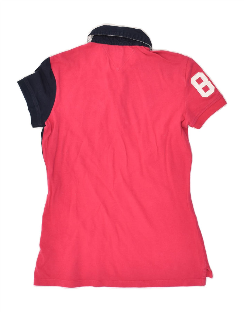 TOMMY HILFIGER Womens Graphic Rugby Polo Shirt UK 6 XS Pink Colourblock | Vintage Tommy Hilfiger | Thrift | Second-Hand Tommy Hilfiger | Used Clothing | Messina Hembry 