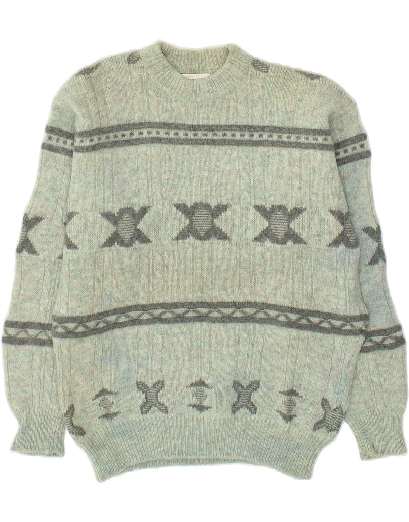 BENETTON Mens Crew Neck Jumper Sweater Medium Green Fair Isle Virgin Wool Vintage Benetton and Second-Hand Benetton from Messina Hembry 