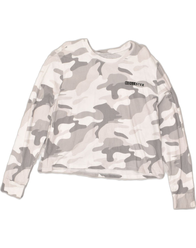 HOLLISTER Womens Long Sleeve Crop Top UK 16 Large Grey Camouflage Cotton | Vintage Hollister | Thrift | Second-Hand Hollister | Used Clothing | Messina Hembry 