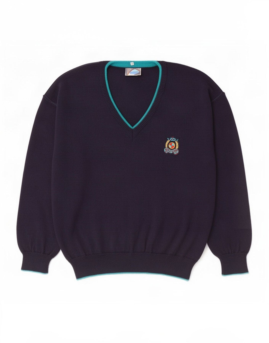 Vintage Mens V-Neck Jumper Sweater IT 50 Medium Navy Blue Wool
