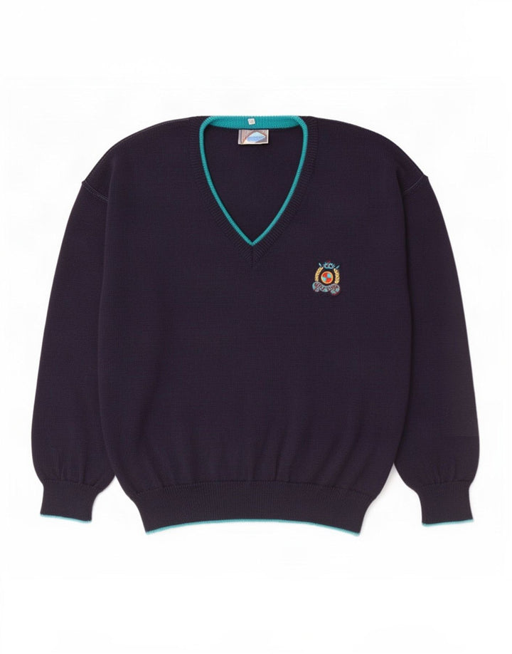 Vintage Mens V-Neck Jumper Sweater IT 50 Medium Navy Blue Wool