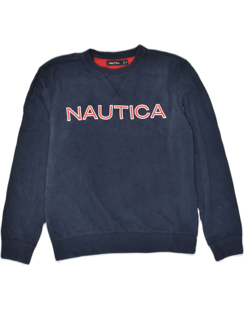 NAUTICA Mens Graphic Sweatshirt Jumper Medium Navy Blue Cotton | Vintage Nautica | Thrift | Second-Hand Nautica | Used Clothing | Messina Hembry 