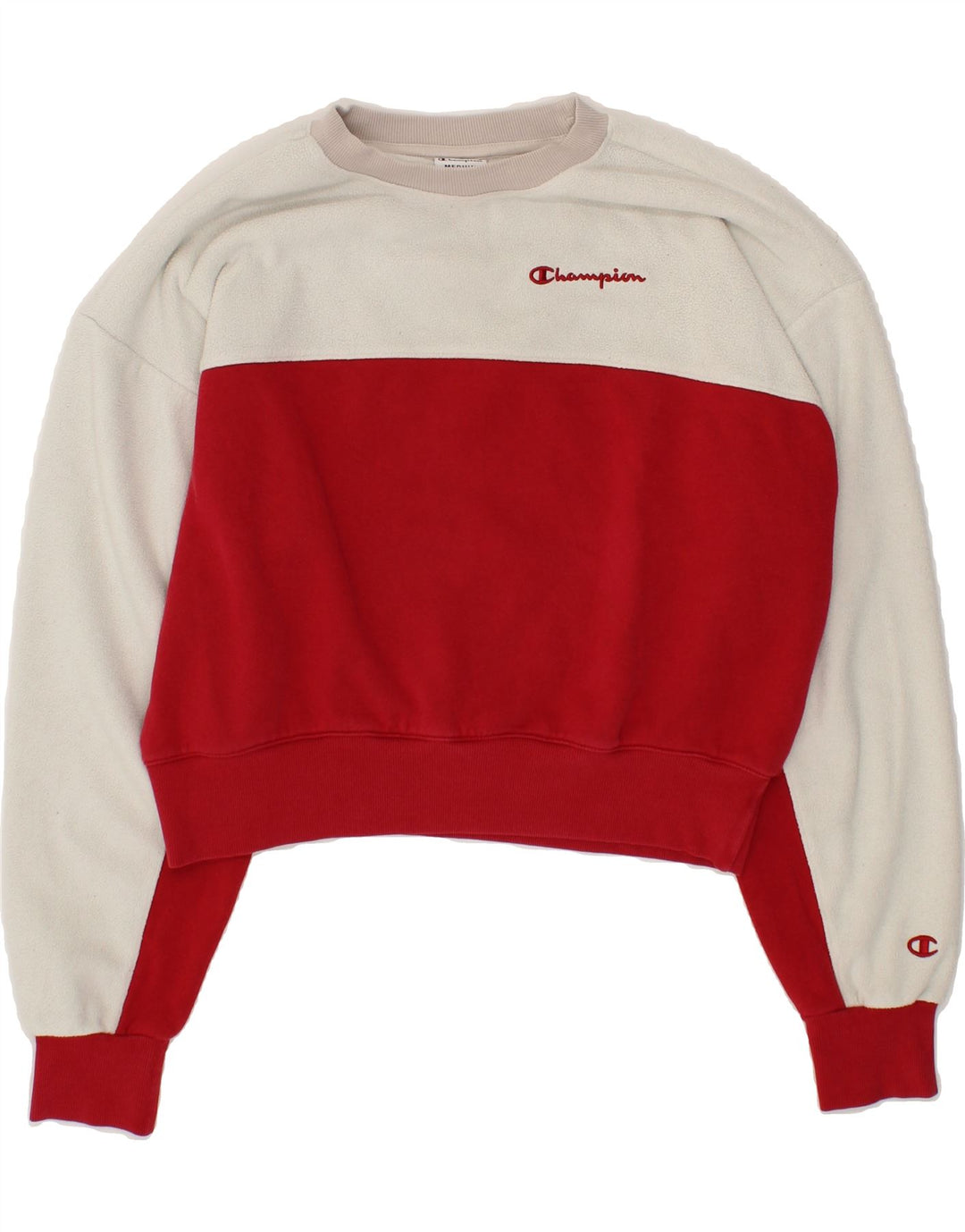 CHAMPION Womens Crop Oversized Fleece Jumper UK 14 Medium Red Colourblock Vintage Champion and Second-Hand Champion from Messina Hembry 