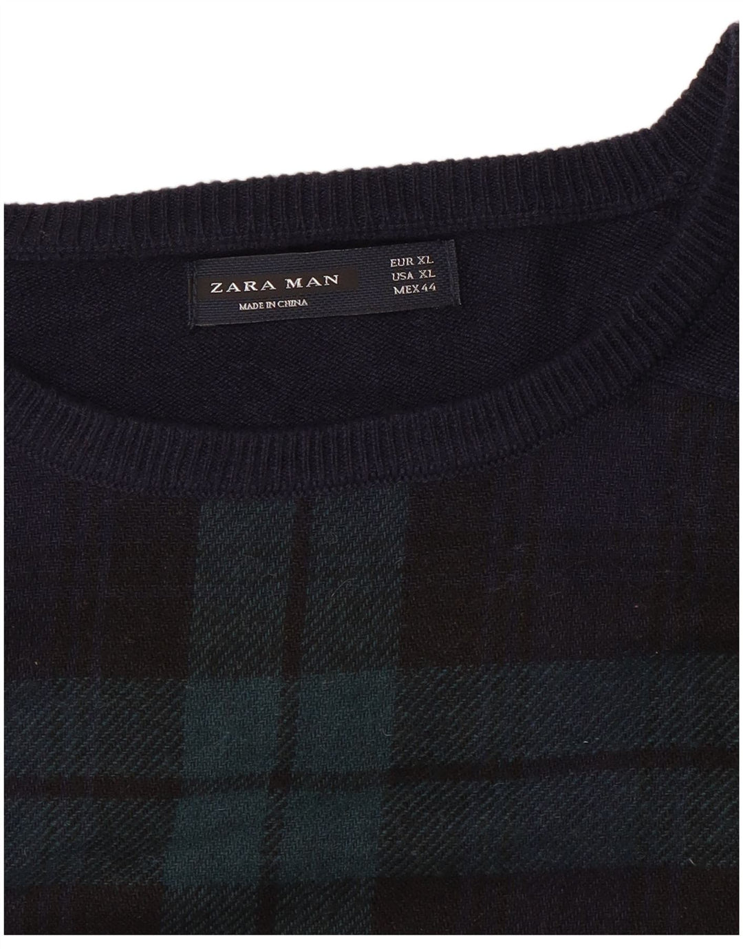 ZARA Mens Boat Neck Jumper Sweater XL Navy Blue Check