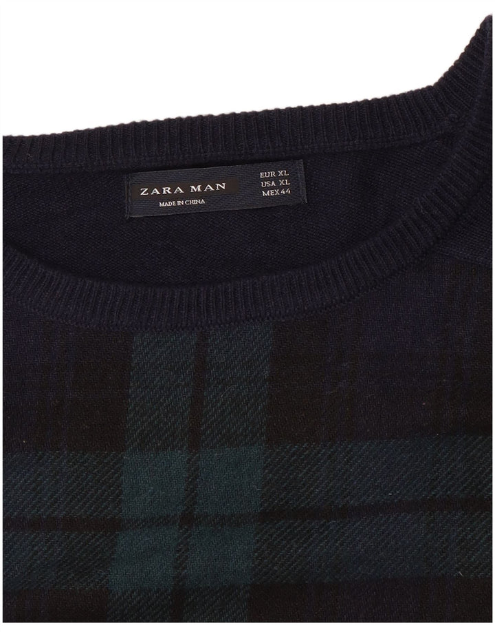 ZARA Mens Boat Neck Jumper Sweater XL Navy Blue Check
