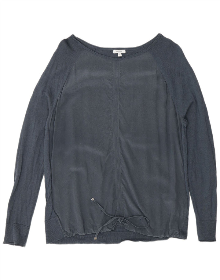 Jigsaw Womens Front Tie Top Long Sleeve UK 16 Large Navy Blue Silk