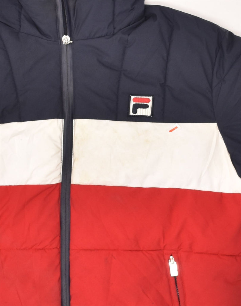 FILA Mens Hooded Padded Jacket UK 36 Small Navy Blue Colourblock Polyester | Vintage Fila | Thrift | Second-Hand Fila | Used Clothing | Messina Hembry 