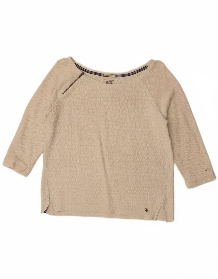 TOMMY HILFIGER Womens Top 3/4 Sleeve UK 10 Small Off White Chevron