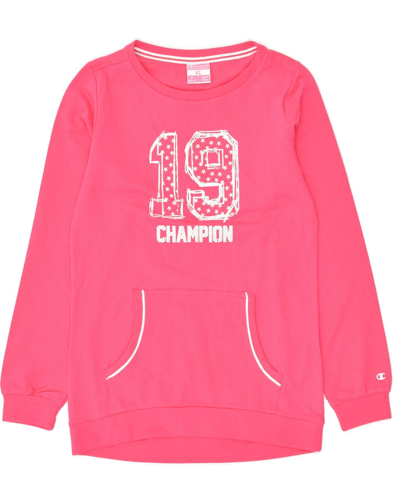 CHAMPION Girls Graphic Sweatshirt Jumper 13-14 Years XL Pink Cotton | Vintage Champion | Thrift | Second-Hand Champion | Used Clothing | Messina Hembry 