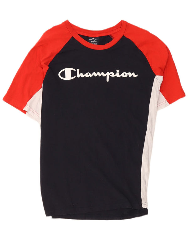 Champion Mens Graphic T-Shirt Top Medium Navy Blue Colourblock Cotton