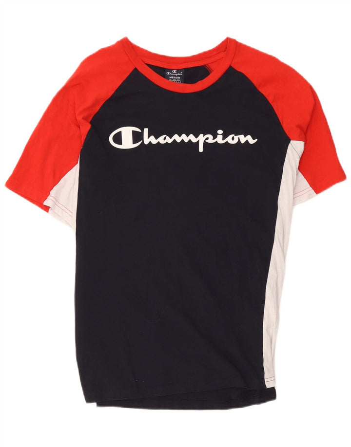 Champion Mens Graphic T-Shirt Top Medium Navy Blue Colourblock Cotton