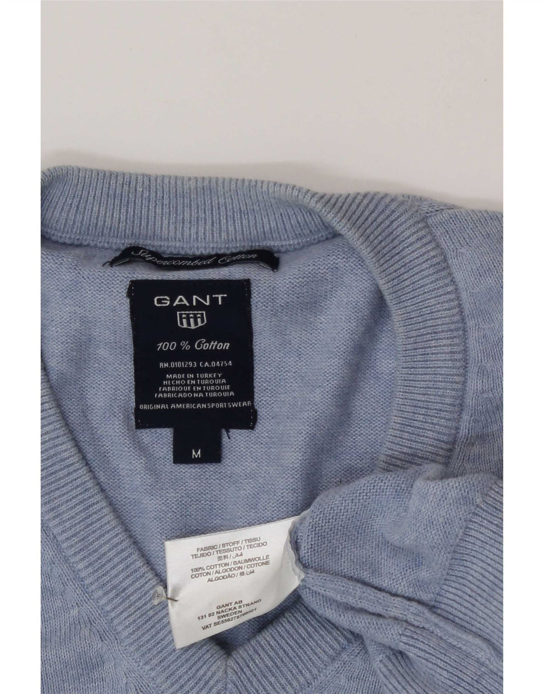 Gant Mens V-Neck Jumper Sweater Medium Blue Cotton