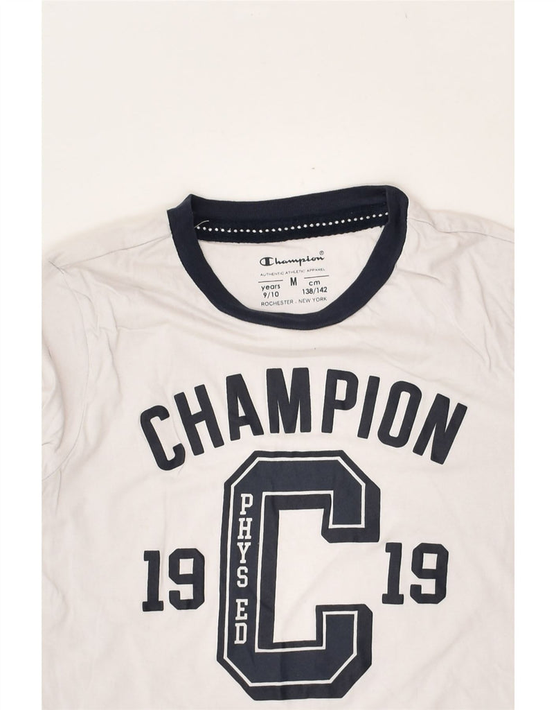 CHAMPION Boys Graphic Top Long Sleeve 9-10 Years Medium White Colourblock | Vintage Champion | Thrift | Second-Hand Champion | Used Clothing | Messina Hembry 