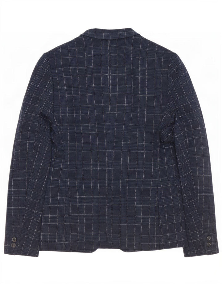 Zara Mens 2 Button Blazer Jacket EU 46 Small Navy Blue Check Polyester
