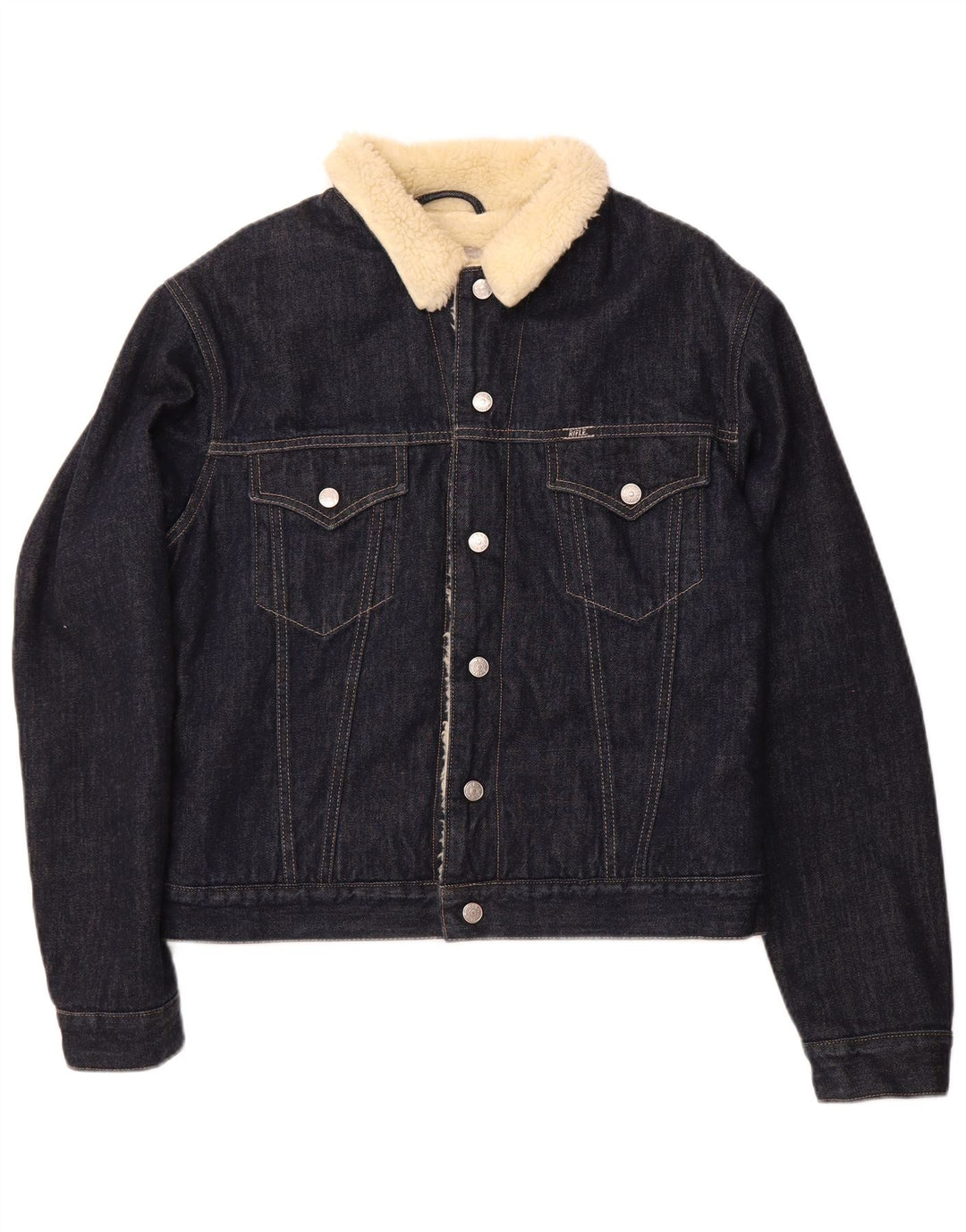 RIFLE Womens Denim Sherpa Jacket UK 16 Large Navy Blue Cotton