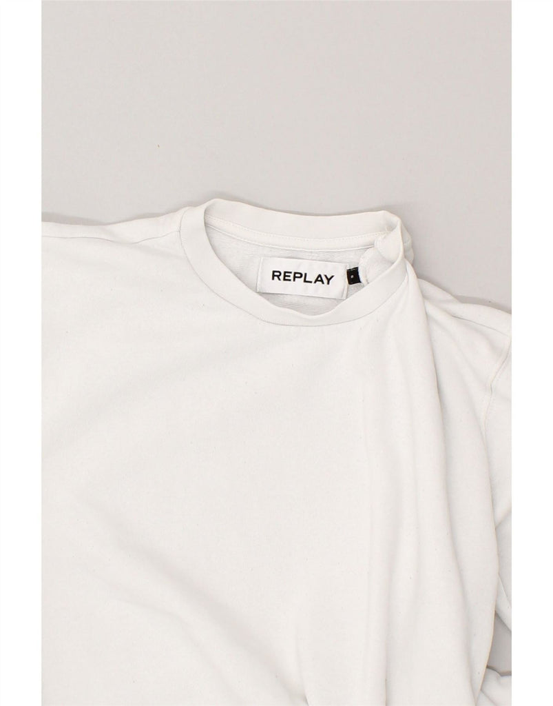 REPLAY Womens Oversized Crop Graphic Sweatshirt Jumper UK 10 Small White Vintage Replay and Second-Hand Replay from Messina Hembry 