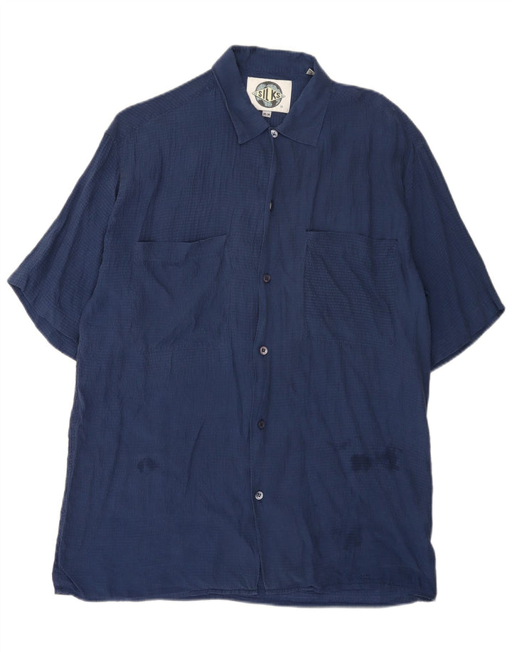 Vintage Mens Short Sleeve Shirt Medium Navy Blue Silk
