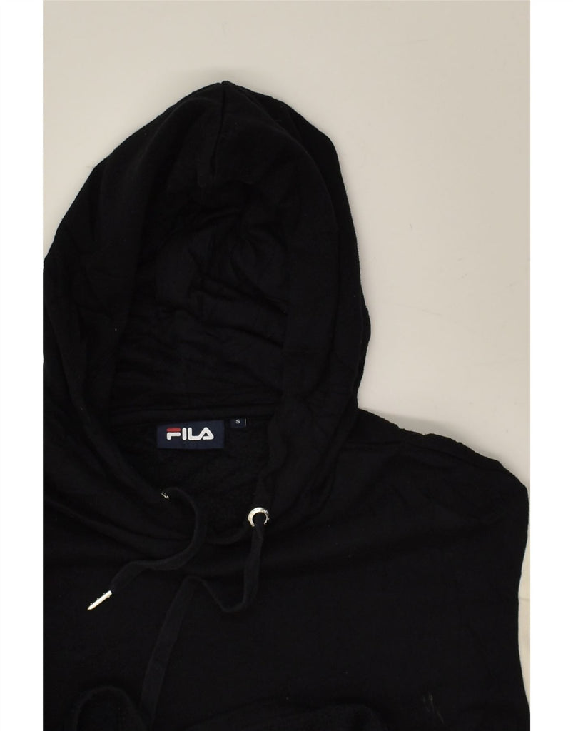 FILA Womens Crop Graphic Hoodie Jumper UK 8 Small Black Polyester | Vintage Fila | Thrift | Second-Hand Fila | Used Clothing | Messina Hembry 