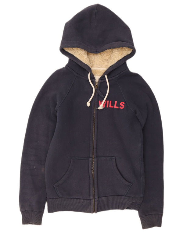 Jack Wills Womens Graphic Sherpa Zip Hoodie Sweater UK 8 Small Navy Blue