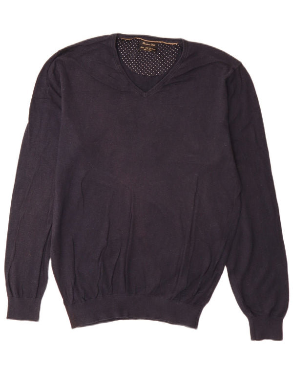 Massimo Dutti Mens V-Neck Jumper Sweater Large Navy Blue Cotton