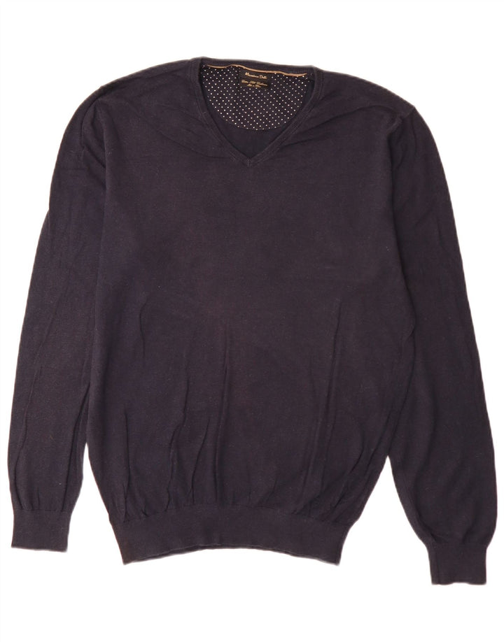 Massimo Dutti Mens V-Neck Jumper Sweater Large Navy Blue Cotton