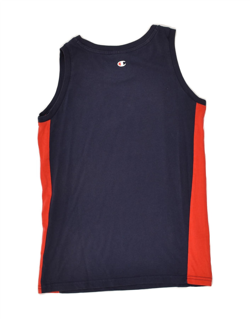 CHAMPION Boys Graphic Vest Top 11-12 Years Large Navy Blue Colourblock | Vintage Champion | Thrift | Second-Hand Champion | Used Clothing | Messina Hembry 