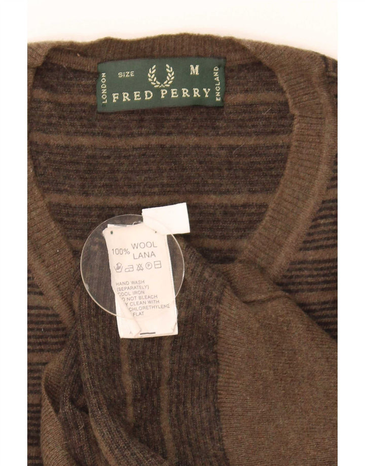 Fred Perry Mens V-Neck Jumper Sweater Medium Khaki Striped Wool