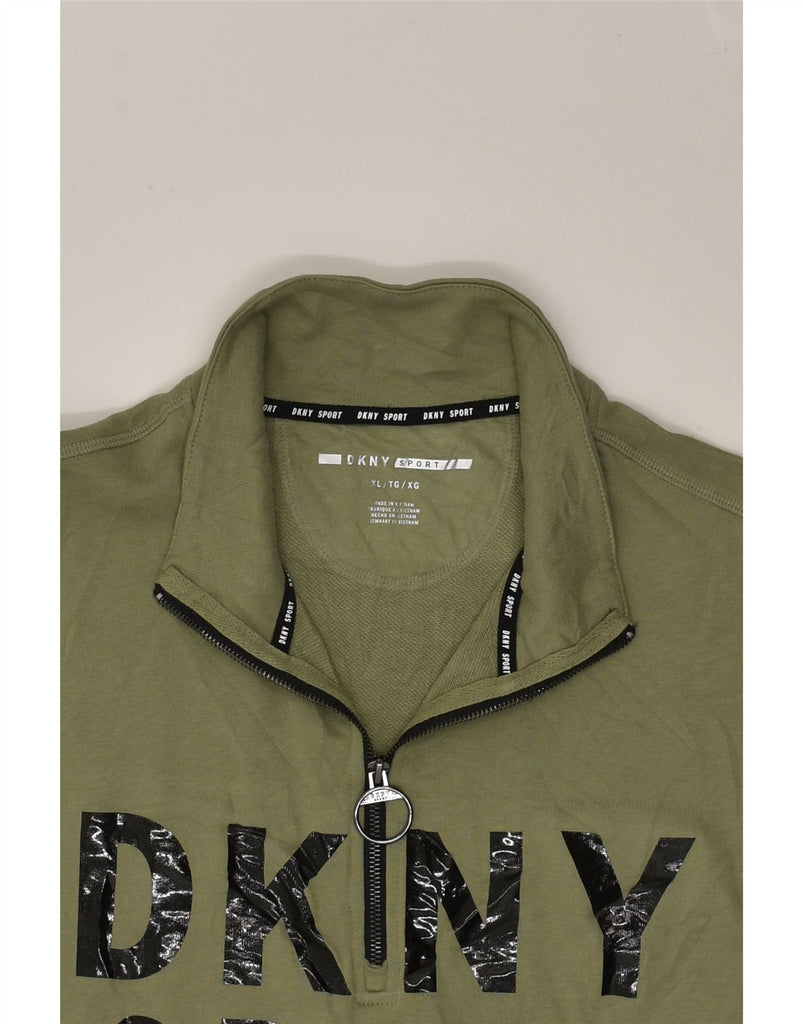 DKNY Womens Short Sleeve Graphic Sweatshirt Jumper UK 18 XL Khaki Cotton | Vintage Dkny | Thrift | Second-Hand Dkny | Used Clothing | Messina Hembry 