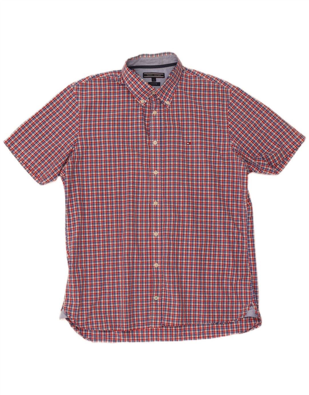 Tommy Hilfiger Mens Short Sleeve Custom Fit Shirt Large Red Check Cotton