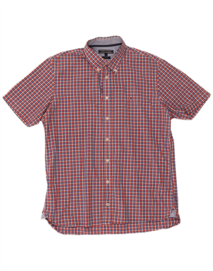 Tommy Hilfiger Mens Short Sleeve Custom Fit Shirt Large Red Check Cotton