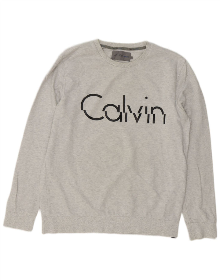 CALVIN KLEIN JEANS Mens Graphic Sweatshirt Jumper Large Grey Flecked
