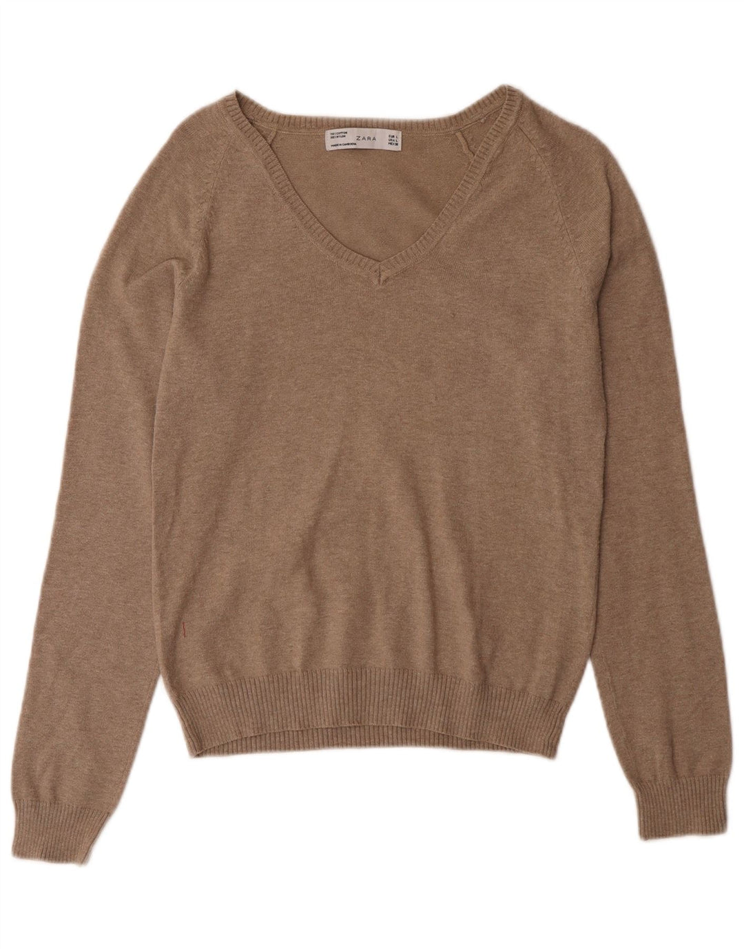Zara Womens V-Neck Jumper Sweater UK 14 Large Brown Cotton