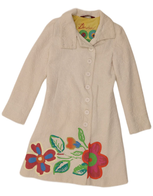Desigual Womens Overcoat EU 38 Medium White Floral Cotton