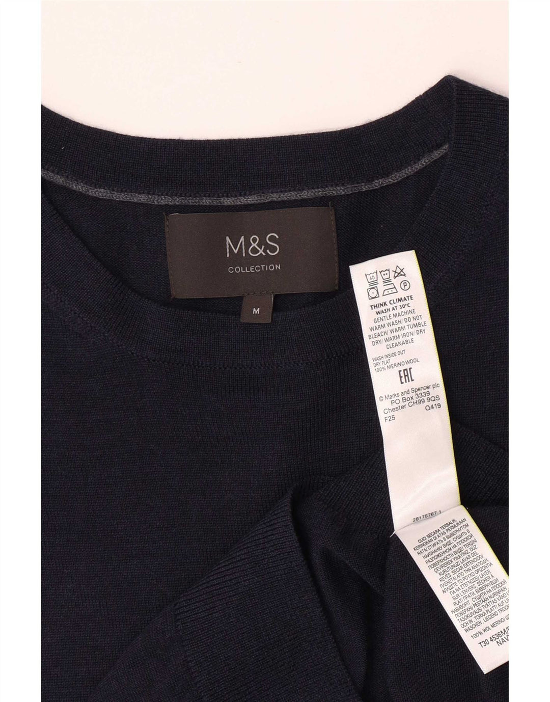 Marks & Spencer Mens Boat Neck Jumper Sweater Medium Navy Blue Merino Wool